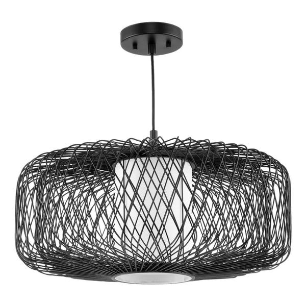 1 Light Black Rattan White Linen Fabric Shade Pendant Light Fixture