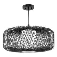 Progress Lighting 1 Light Black Rattan White Linen Fabric Shade Pendant Light Fixture