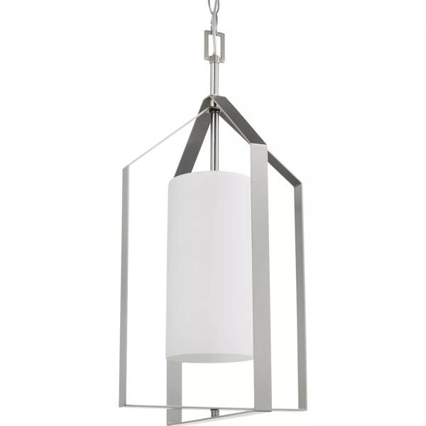 1 Light Brushed Nickel Etched White Glass Shade Pendant Light Fixture