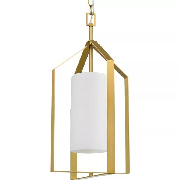 1 Light Brushed Gold Etched White Glass Shade Pendant Light Fixture
