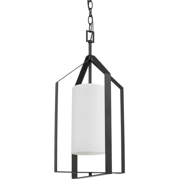 1 Light Matte Black Etched White Glass Shade Pendant Light Fixture