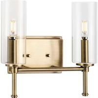 View 2 Light 120 volt Vintage Brass Vanity Clear Glass Light Fixture