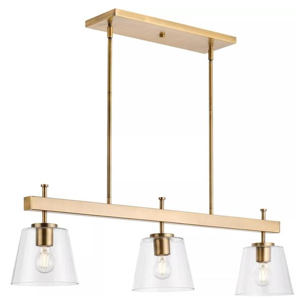 3 Light Vintage Brass Clear Shade Linear Chandelier Light Fixture