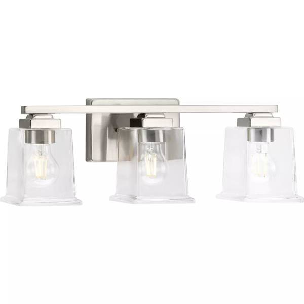 3 Light 120 volt Brushed Nickel Vanity Clear Glass Light Fixture
