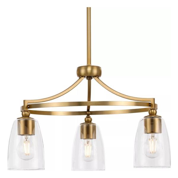 3 Light Brushed Bronze Clear Glass Shade Chandelier Light Fixture