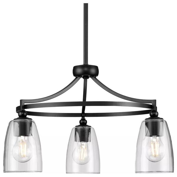 3 Light Matte Black Clear Glass Shade Chandelier Light Fixture