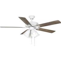 Progress Lighting 52" 4 Lamp White 5 White/Antique Wood Reversible Blade Shatterproof Shade Ceiling Fan