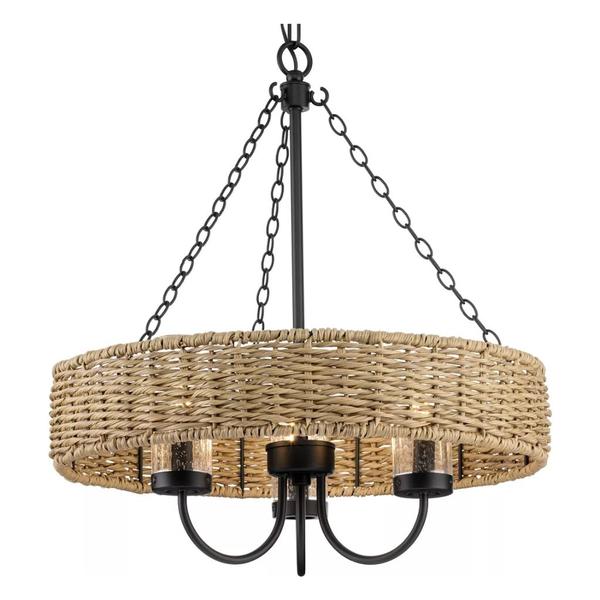 3 Light Matte Black Clear Seeded Glass Mocha Rattan Accents Outdoor Hanging Light Fixture