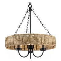 Progress Lighting 3 Light Matte Black Clear Seeded Glass Mocha Rattan Accents Outdoor Hanging Light Fixture