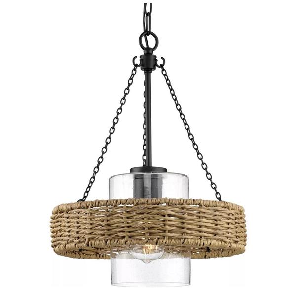 1 Light Matte Black Clear Seeded Glass Mocha Rattan Accents Outdoor Hanging Light Fixture