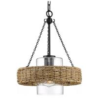 Progress Lighting 1 Light Matte Black Clear Seeded Glass Mocha Rattan Accents Outdoor Hanging Light Fixture