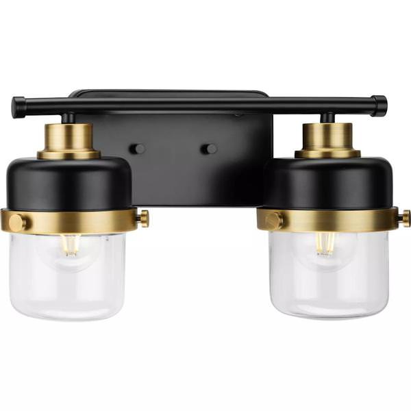 2 Light 120 volt Matte Black/Vintage Brass Vanity Clear Glass Light Fixture