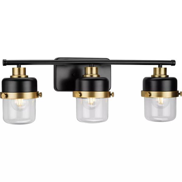 3 Light 120 volt Matte Black/Vintage Brass Vanity Clear Glass Light Fixture