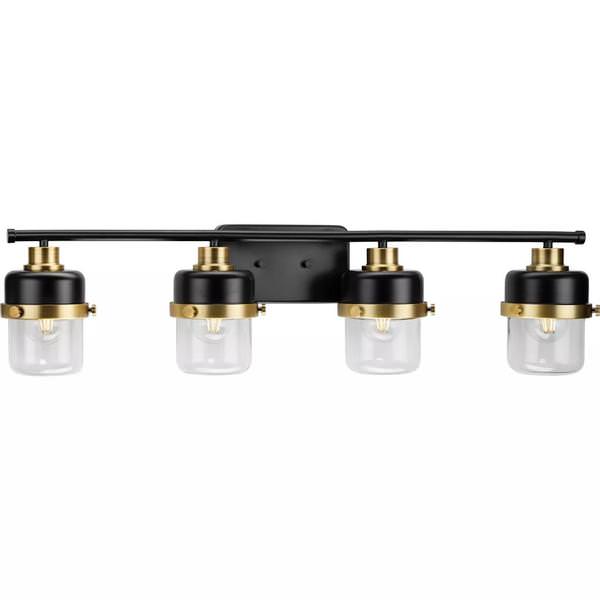4 Light 120 volt Matte Black/Vintage Brass Vanity Clear Glass Light Fixture
