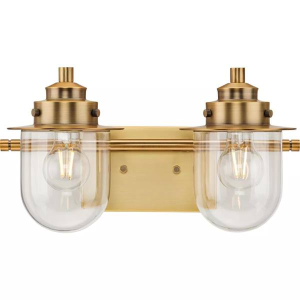 2 Light 120 volt Vintage Brass Vanity Clear Glass Light Fixture
