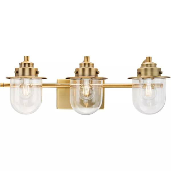 3 Light 120 volt Vintage Brass Vanity Clear Glass Light Fixture