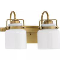 View 2 Light 120 volt Vintage Brass Vanity Opal Glass Bell Light Fixture