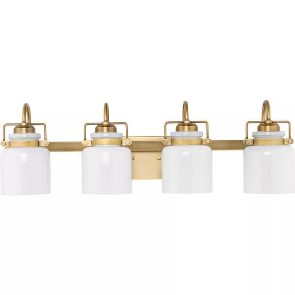 4 Light 120 volt Vintage Brass Vanity Opal Glass Bell Light Fixture