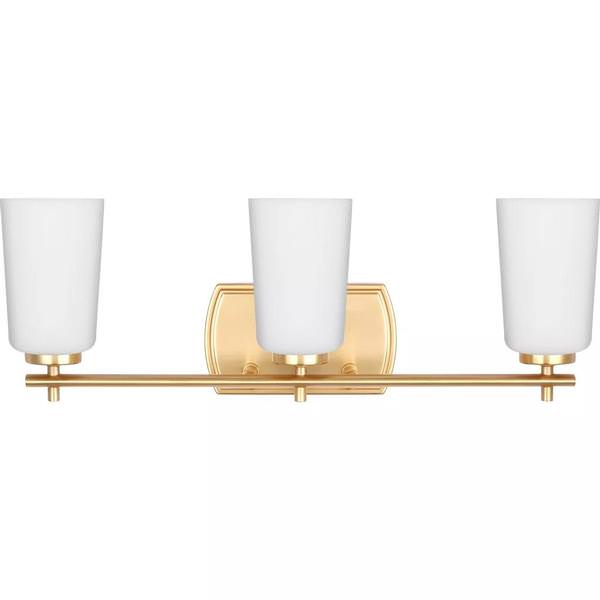 3 Light 120 volt Satin Brass Vanity Etched Opal Glass Light Fixture