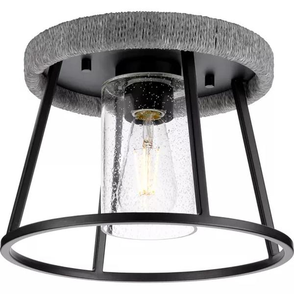 1 Light Matte Black Gray Sisal Accent Clear Seeded Glass Shade Ceiling Light Fixture