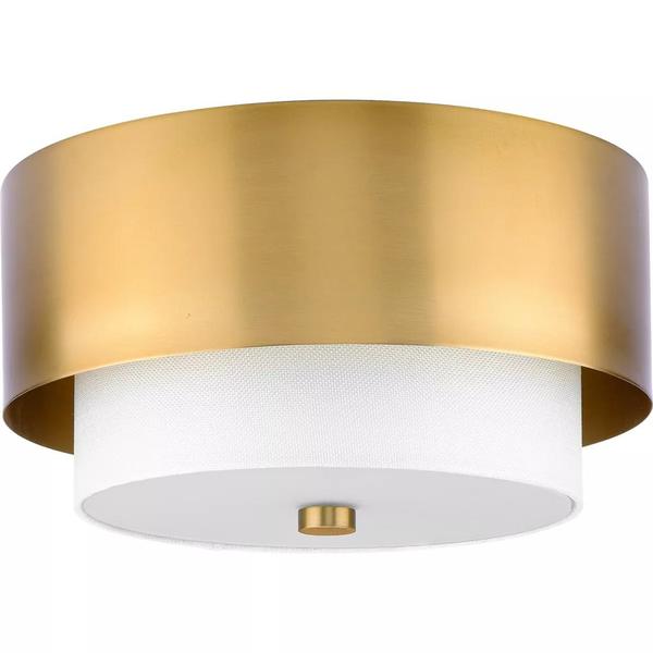 2 Light Brushed Bronze White Linen Shade Etched Glass Diffuser Ceiling Light Fixture