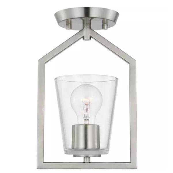 1 Light 120 volt Brushed Nickel Clear Glass Shade Semi-Flush Ceiling Light Fixture