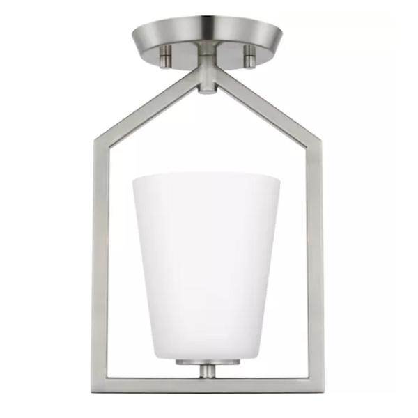1 Light 120 volt Brushed Nickel Etched White Glass Shade Semi-Flush Ceiling Light Fixture