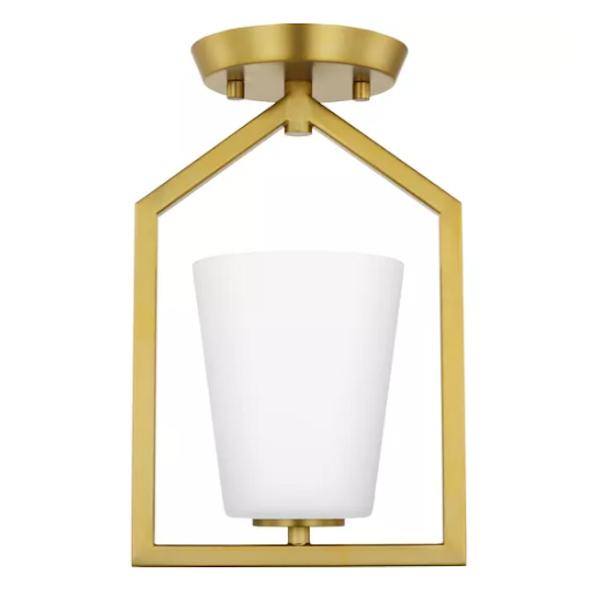 1 Light 120 volt Brushed Gold Etched White Glass Shade Semi-Flush Ceiling Light Fixture