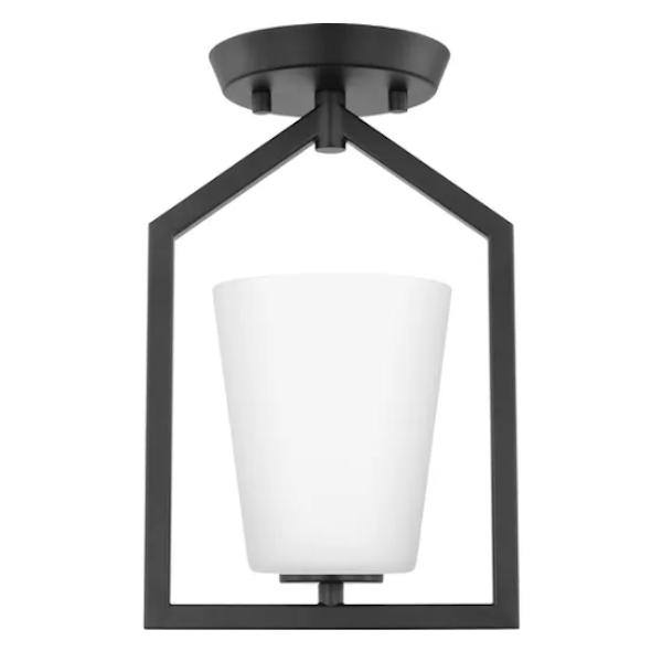 1 Light 120 volt Matte Black Etched White Glass Shade Semi-Flush Ceiling Light Fixture
