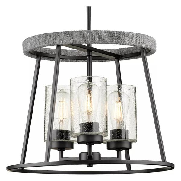 3 Light Matte Black Clear Seeded Glass Shade Chandelier Light Fixture