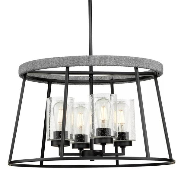 4 Light Matte Black Clear Seeded Glass Shade Chandelier Light Fixture