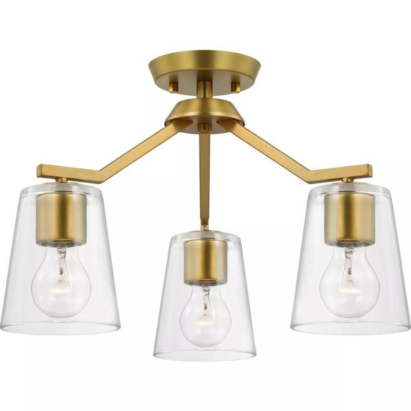3 Light Brushed Gold Clear Glass Shade Convertible Chandelier Light Fixture