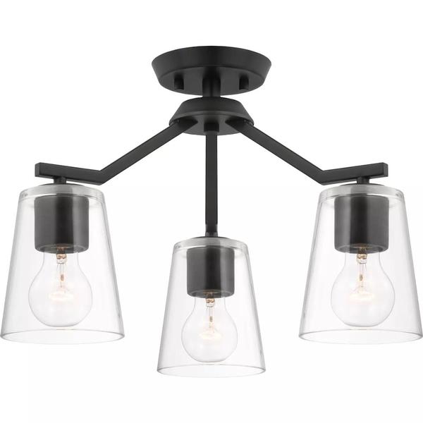 3 Light Matte Black Clear Glass Shade Convertible Chandelier Light Fixture