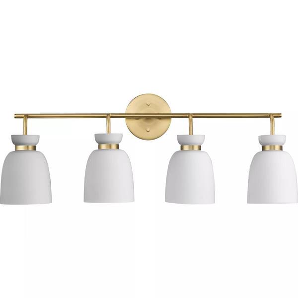 4 Light 120 volt Brushed Gold Vanity Etched Opal Glass Bell Light Fixture