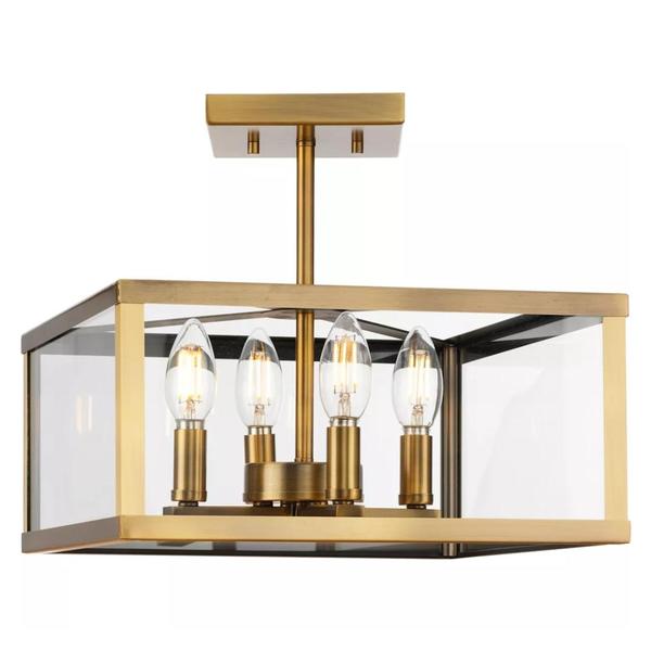 4 Light 120 volt Vintage Brass Clear Flat Glass Panels Ceiling Light Fixture