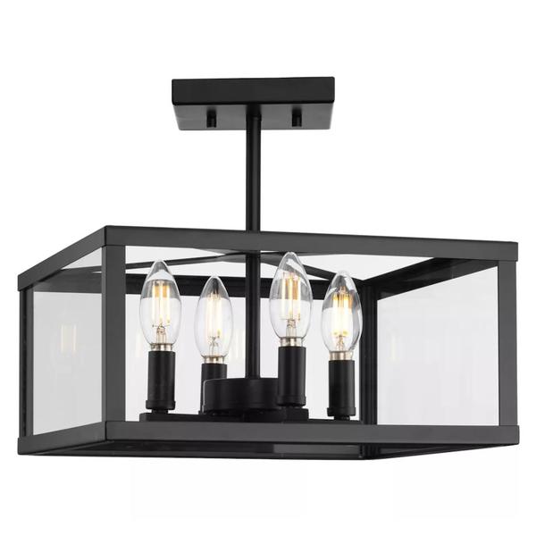 4 Light 120 volt Matte Black Clear Flat Glass Panels Ceiling Light Fixture