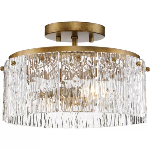 2 Light Gold Ombre Clear Pressed Glass Flat Ceiling Light Fixture