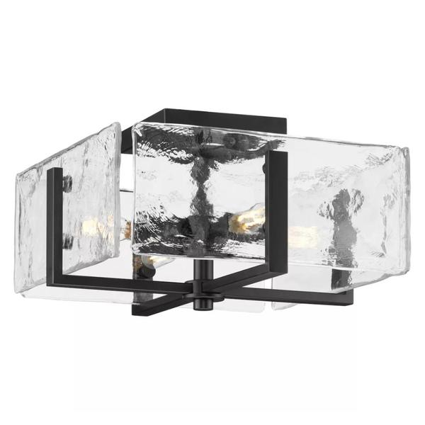 4 Light Matte Black Clear Textured Glass Ceiling Light Fixture