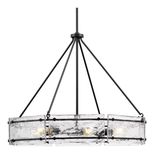 6 Light Matte Black Clear Textured Flat Glass Traditional Style Chandelier Light Fixture