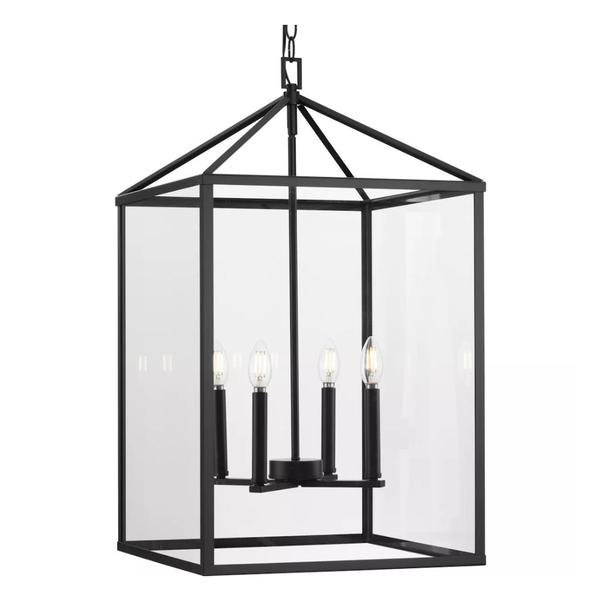 4 Light Matte Black Clear Tempered Glass Panels Hall & Foyer Pendant Light Fixture