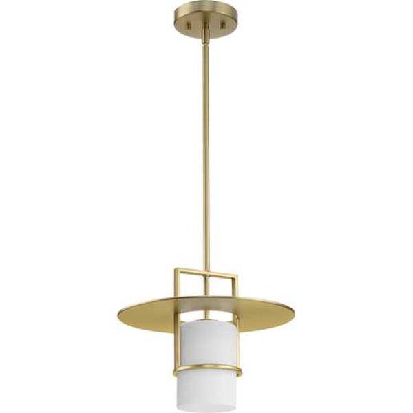 1 Light Brushed Bronze Etched White Glass Shade Pendant Light Fixture