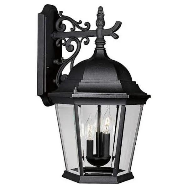 3 Light Black with Clear Beveled Glass Wall Light Fixture
