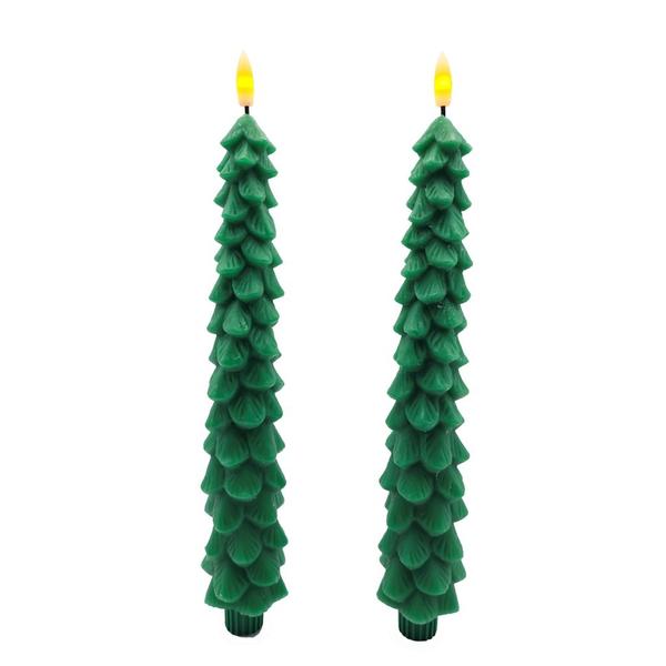 10.5" Green Christmas Tree LED Wax Taper (2 Pack)