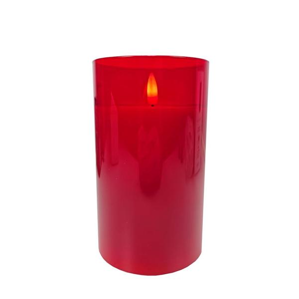 5" Ivory Red Glass LED Wax Battery Operated Pillar Candle with Timer