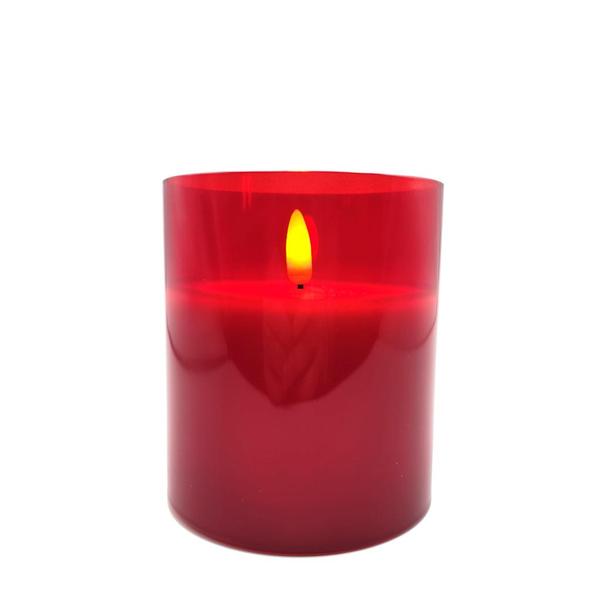 4" Ivory Red Glass LED Wax Battery Operated Pillar Candle with Timer