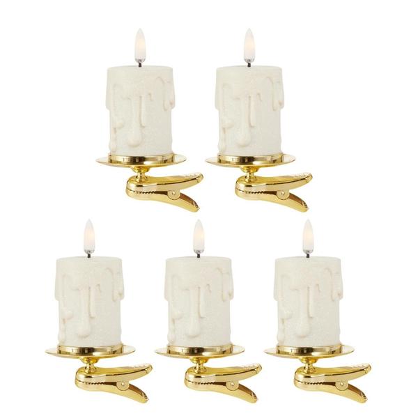 1.5" x 2" Cream Box of Votive Glittered Cream Drip Candles and Clip-On Candle Holders (5 Pack)