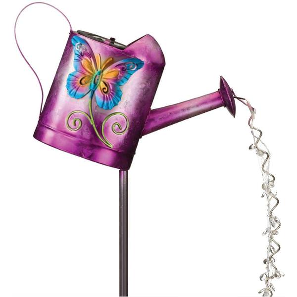 Purple Solar Watering Can Butterfly Garden Stake
