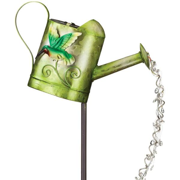 Green Solar Watering Can Hummingbird Garden Stake