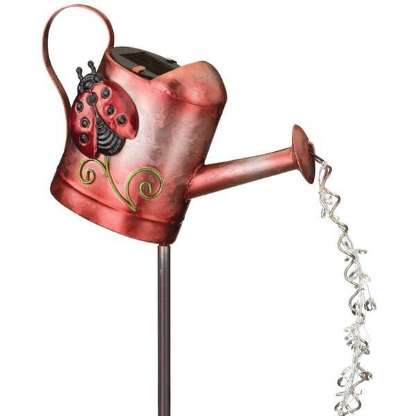 Red Solar Watering Can Ladybug Garden Stake