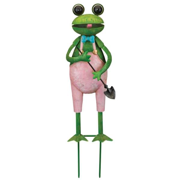 15" Pink/Green Frog Garden Stake